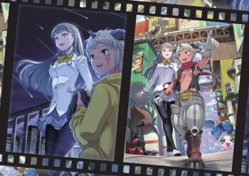 1boy 1girl aegiomon bare_shoulders black_horns black_pantyhose black_vest body_fur brown_fur building character_name chest_jewel clenched_hand commentary_request copyright_name cowboy_shot digimon digimon_(creature) digimon_card_game digimon_story:_time_stranger facial_mark full_body gloves goat_boy goat_horns grey_hair grey_shirt grey_skirt hagurumon highres hood hoodie horns jacket miniskirt misono_inori night no_shirt official_art pantyhose peckmon pleated_skirt pointing pyocomon satyr shirt shooting_star skirt skyscraper standing star_(sky) tonami_kanji vest walking white_gloves white_jacket yellow_hoodie