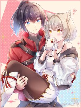 1boy 1girl animal_ear_fluff animal_ears bare_shoulders black_hair black_pants black_pantyhose black_sweater blush carrying cat_ears cat_girl chest_jewel collarbone couple grey_hair high_ponytail highres jacket long_hair miniskirt mio_(xenoblade) noah_(xenoblade) off_shoulder open_clothes open_jacket pants pantyhose pleated_skirt ponytail princess_carry red_jacket short_hair skirt sweater tank_top ui_frara valentine white_jacket white_skirt white_tank_top xenoblade_chronicles_(series) xenoblade_chronicles_3