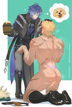 2boys after_anal artist_name ass bara black_socks blonde_hair blue_hair closed_mouth commentary completely_nude cum cum_in_ass cup doodlefish english_commentary flins_(genshin_impact) genshin_impact golden_retriever heart highres holding holding_cup jockstrap kneeling looking_at_another looking_down looking_up male_focus male_underwear multiple_boys notice_lines nude smile socks speech_bubble underwear varka_(genshin_impact)