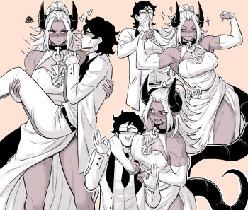 1boy 1girl alvida_(peach88) armpits bare_shoulders black_horns black_tail blush breasts bridal_gauntlets bride carrying choker cleavage closed_eyes commentary demon_girl demon_horns demon_tail dress elbow_gloves english_commentary flexing formal_clothes glasses gloves groom heart hero_(peach88) hetero highres horns husband_and_wife interlocked_fingers jewelry large_breasts long_hair long_sleeves looking_at_another meme monochrome multiple_views muscular muscular_bride_(meme) muscular_female necklace necktie open_mouth original peach88 pink_background pointy_ears ponytail princess_carry red_eyes sharp_teeth short_hair simple_background spot_color suit tail teeth tongue wedding_dress