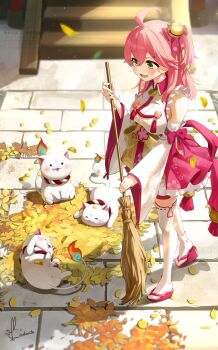 Rule 34 | 1girl, 35p (sakura miko), :d, ahoge, asymmetrical legwear, bell, breasts, broom, clothing cutout, commentary request, day, detached sleeves, double-parted bangs, frilled kimono, frills, geta, green eyes, hair bell, hair between eyes, hair ornament, hairclip, hakama, hakama short skirt, hakama skirt, highres, hip vent, holding, holding broom, hololive, japanese clothes, jingle bell, kimono, kito koruta, large breasts, leaf, long hair, nontraditional miko, one side up, open mouth, outdoors, pink hair, pink hakama, sakura miko, sakura miko (1st costume), single thighhigh, skirt, sleeveless, sleeveless kimono, smile, socks, solo, tabi, thighhighs, uneven legwear, virtual youtuber, white sleeves, white socks, white thighhighs, wide sleeves, x hair ornament