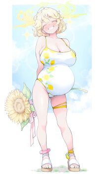 1girl ^_^ absurdres anklet arms_behind_back blonde_hair blue_sky blush breasts cleavage closed_eyes commentary_request flower food_print fruit_print full_body grin halo head_tilt high_heels highres holding holding_flower jewelry large_breasts lemon_print monster_strike mukakin:zero nightingale_(monster_strike) one-piece_swimsuit outdoors pregnant sandals short_hair skindentation sky smile solo standing sunflower swimsuit thigh_strap toes white_one-piece_swimsuit winged_halo yellow_halo