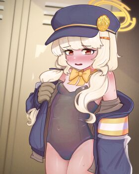 1girl 4th_lol aoba_(blue_archive) black_leotard blue_archive blush breasts brown_gloves covered_navel cowboy_shot fluffy_hair gloves halo hat highres indoors large_variant_set leotard locker loli looking_at_viewer newsboy_cap nose_blush playboy_bunny red_eyes small_breasts solo strapless strapless_leotard variant_set yellow_halo