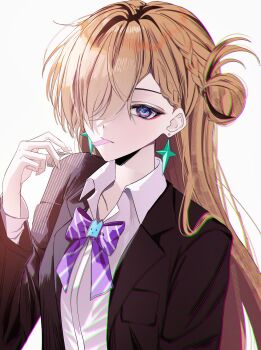 1girl alternate_costume black_jacket blonde_hair bow bowtie braid braided_bangs chromatic_aberration commentary earrings hand_up hashtag-only_commentary highres jacket jewelry long_hair looking_at_viewer lynae_(wuthering_waves) mouth_hold purple_bow purple_bowtie purple_eyes rin0_(gujrv) shirt solo star_(symbol) star_earrings upper_body white_shirt wuthering_waves