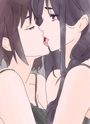 Rule 34 | 2girls, absurdres, alice gear aegis, black hair, bra, breasts, camisole, closed eyes, closed mouth, collarbone, face-to-face, french kiss, highres, kagome misaki, kiss, large breasts, long hair, multiple girls, niiya serina, open mouth, purple eyes, shizuna (euorobib1059), short hair, tongue, underwear, yuri