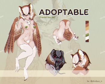 1girl adoptable animal_ears artist_name ass bird_legs bird_tail brown_feathers brown_hair brown_wings censored censored_food claws crossed_bangs eating feathers female_pubic_hair green_eyes hair_between_eyes harpy heart heart_censor highres long_hair looking_at_viewer monster_girl mosaic_censoring mouse_(animal) multiple_moles multiple_views navel nude original owl_girl pubic_hair red_eyes shinbun_n tail talons twitter_username winged_arms wings zoom_layer