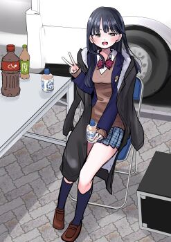 Rule 34 | 1girl, black hair, boku no kokoro no yabai yatsu, bottle, bow, bowtie, brown eyes, chair, drink, folding chair, food, full body, highres, holding, holding drink, holding food, loafers, long coat, long hair, open mouth, outdoors, pleated skirt, sakurai norio, school uniform, shoes, sitting, skirt, smile, soda, soda bottle, solo, table, tagme, v, yamada anna