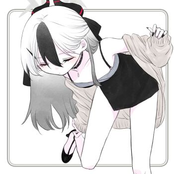 1girl black_dress black_hair blue_archive cardigan choker closed_eyes colored_bangs dress hair_between_eyes halo highres horns kayoko_(blue_archive) kayoko_(dress)_(blue_archive) leaning_forward long_hair multicolored_hair nail_polish official_alternate_costume solo takahisayuki two-tone_hair white_hair