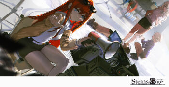 4girls amane_suzuha belt black_footwear black_hair black_pantyhose black_shorts black_skirt blonde_hair bloom blue_eyes boots box braid breasts brown_eyes brown_jacket cardboard_box chair character_request check_character closed_eyes commentary_request copyright_name director director's_chair dmfsxq dutch_angle eyewear_on_head film_grain folding_chair glasses grey_belt grey_footwear highres holding holding_megaphone holding_paper jacket kiryuu_moeka large_breasts loafers long_hair long_sleeves looking_at_viewer lying makise_kurisu megaphone movie_camera multiple_girls on_back on_chair on_floor open_clothes open_jacket pantyhose paper pencil_skirt pointing pointing_at_viewer purple_jacket red_hair rubber_boots science_adventure shiina_mayuri shirt shoes short_hair short_sleeves shorts sitting skirt smile squatting steins;gate sunglasses towel_on_face tripod twin_braids wavy_mouth white_belt white_shirt wire