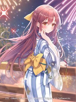 1girl aerial_fireworks bow brown_eyes brown_hair closed_mouth copyright_notice fireworks floral_print floral_print_kimono hair_bow holding holding_fireworks japanese_clothes kimono long_hair looking_back nanaya_(z/x) night night_sky official_art outdoors print_kimono senkou_hanabi serino_itsuki sky solo sparkle sparkler yellow_bow z/x