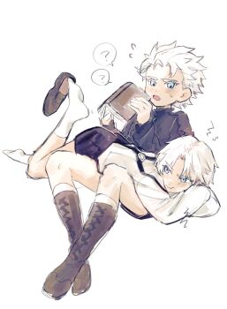 2boys ? aged_down aonano_db black_boots black_shorts blue_eyes blush book boots brothers child commentary crossed_arms dante_(devil_may_cry) devil_may_cry_(series) eye_contact flying_sweatdrops hashtag-only_commentary highres holding holding_book invisible_chair looking_at_another looking_to_the_side lying male_focus multiple_boys on_stomach open_book open_mouth parted_hair shirt shirt_tucked_in short_hair shorts siblings sitting socks speech_bubble spoken_question_mark suspenders sweatdrop twins vergil_(devil_may_cry) white_hair white_shirt white_socks