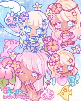 2girls blonde_hair blue_eyes blue_streaks cherriimi chibi chibi_inset commentary dark-skinned_female dark_skin dolphin english_commentary english_text fingernails fish flower gyaru hair_flower hair_ornament hairclip heterochromia hibiscus highres long_fingernails long_hair looking_at_viewer low_twintails mixed-language_text multiple_girls nail_art one_eye_closed original pastel_colors pink_eyes pink_hair pink_nails smile summer surfboard surfing swimsuit tan tanline twintails