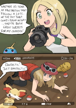 2girls 2koma :d absurdres all_fours apu_spills_his_tendies_(meme) blonde_hair camera coin comic english_text fennekin full_body gen_1_pokemon gen_3_pokemon gen_6_pokemon green_eyes hat highres holding holding_camera kakuna kaphrin long_hair meme multiple_girls nintendo on_floor open_mouth poke_ball poke_ball_(basic) pokemon pokemon_xy serena_(pokemon) skirt smile sunglasses_on_hat surskit tearing_up thighhighs upper_body viola_(pokemon) wristband xd