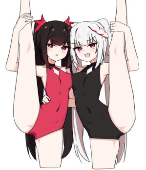 2girls black_hair black_leotard breasts chirun0 commentary covered_navel dual_persona highres honkai:_star_rail honkai_(series) leotard long_hair looking_at_viewer multiple_girls open_mouth purple_eyes red_leotard simple_background small_breasts sparkle_(honkai:_star_rail) sparxie_(honkai:_star_rail) split standing standing_on_one_leg standing_split twintails very_long_hair white_background white_hair