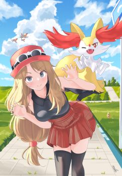 1girl braixen breasts claw_pose closed_mouth cloud collared_shirt day eyelashes eyewear_on_headwear fletchling gen_1_pokemon gen_6_pokemon grass grey_eyes hands_up hat highres leaning long_hair looking_at_viewer low-tied_long_hair nintendo outdoors pleated_skirt pokemon pokemon_(creature) pokemon_xy red_skirt revvie serena_(pokemon) shirt signature skirt sky sleeveless sleeveless_shirt smile sunglasses thighhighs weedle