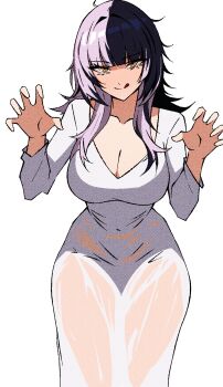 1girl black_hair breasts cleavage dress ghost_pose highres hololive hololive_english large_breasts long_hair looking_at_viewer multicolored_hair pink_hair ritorugalaxy shiori_novella simple_background solo split-color_hair two-tone_hair virtual_youtuber white_background white_dress yellow_eyes