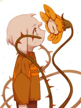 asriel_dreemurr blue_eyes elemental_(creature) flora_fauna flower flowey_(undertale) fluffy furry furry_male goat green_shirt hyeing02 kawaii monster pants plant pocket shirt smolxeno undertale utdr_(toby_fox) white_fur