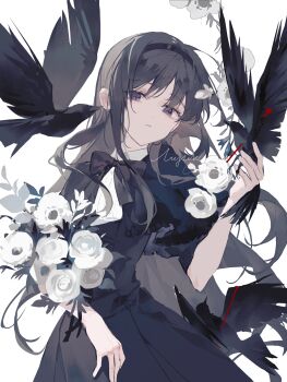 1girl absurdres akemi_homura akemi_homura_(black_dress) bags_under_eyes bird bird_on_hand black_bow black_bowtie black_capelet black_dress black_hair black_hairband blood bouquet bow bowtie capelet cowboy_shot crow dot_nose dress empty_eyes expressionless eyelashes flower frilled_capelet frills hairband highres holding holding_bouquet layla_836829767 long_dress long_hair looking_at_viewer mahou_shoujo_madoka_magica mahou_shoujo_madoka_magica:_hangyaku_no_monogatari parted_lips peony_(flower) pleated_dress puffy_short_sleeves puffy_sleeves purple_eyes rose shirt shirt_under_dress short_sleeves sidelocks signature simple_background solo standing very_long_hair wavy_hair white_background white_flower white_rose white_shirt