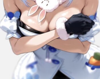 1girl black_gloves blue_hair blurry breast_focus breasts carrot carrot_in_pocket close-up commentary crossed_arms depth_of_field fur-trimmed_gloves fur_scarf fur_trim gloves head_out_of_frame hololive large_breasts leotard leotard_under_clothes nyarurato0debu pantyhose simple_background solo usada_pekora usada_pekora_(1st_costume) virtual_youtuber white_background