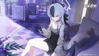 1girl black_choker black_dress black_hair black_horns black_nails blue_archive bright_pupils brown_jacket cellphone chair choker collarbone commentary copyright_logo copyright_name copyright_notice couch demon_horns diamond_necklace dress feet_out_of_frame grey_halo hair_ornament hairclip halo highres holding holding_phone horns indoors instrument jacket jacket_partially_removed jell_(jell_y_fish) kayoko_(blue_archive) kayoko_(dress)_(blue_archive) logo long_hair looking_at_viewer mole mole_on_collarbone multicolored_hair nail_polish official_alternate_costume official_art phone piano pillow plant potted_plant purple_wings red_eyes single_wing sitting smartphone solo studded_choker sunlight symbol-only_commentary table two-tone_hair white_hair white_pupils wings