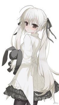 1girl absurdres ahoge black_eyes black_pantyhose blush dress highres hui_yu_yu_yu_ye kasugano_sora long_hair looking_at_viewer looking_back pantyhose simple_background solo stuffed_animal stuffed_rabbit stuffed_toy twintails very_long_hair white_background white_hair yosuga_no_sora