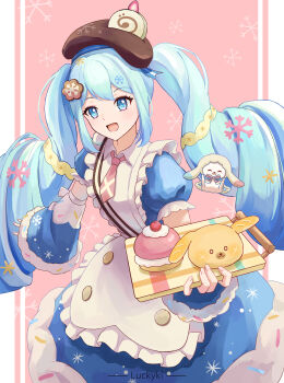 1girl absurdres apron aqua_eyes aqua_hair asymmetrical_legwear blue_bow blue_dress blue_eyes blue_hair blue_pantyhose blue_sleeves blush bow bowtie brown_hat commentary_request dessert detached_sleeves double-parted_bangs dress dress_bow food food-themed_clothes food-themed_hat_ornament frilled_apron frills fur-trimmed_dress fur-trimmed_sleeves fur_trim hair_between_eyes hair_ornament hat hat_ornament hatsune_miku heart highres holding holding_tray long_hair long_sleeves looking_at_viewer luckyki mismatched_legwear necktie official_alternate_costume official_alternate_hairstyle open_mouth pantyhose pink_necktie pink_pantyhose puffy_short_sleeves puffy_sleeves rabbit_yukine short_sleeves smile snowflake_print solo striped_clothes striped_pantyhose tray twintails two-tone_sleeves very_long_hair vocaloid wavy_hair white_apron wide_sleeves yuki_miku yuki_miku_(2026)