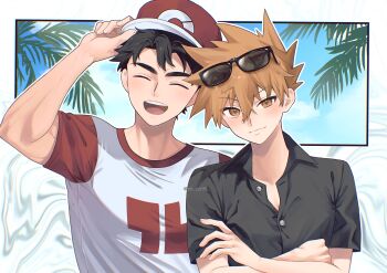 Rule 34 | 2boys, absurdres, adjusting clothes, adjusting headwear, arm up, baseball cap, black hair, black shirt, blue oak, brown hair, buttons, closed mouth, cloud, collared shirt, commentary request, crew neck, crossed arms, eyewear on head, hair between eyes, hat, highres, male focus, multiple boys, nintendo, open collar, open mouth, palm tree, pk rgr96, pokemon, pokemon sm, raglan sleeves, red (pokemon), red hat, round teeth, shirt, short hair, short sleeves, sky, smile, spiked hair, sunglasses, t-shirt, teeth, tree, upper body, upper teeth only