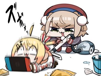 2girls ahoge bag_of_chips beret blonde_hair bucket chibi commentary_request fortissimo green_eyes hair_ornament hat highres hololive hololive_dev_is indie_virtual_youtuber kakue_gaku multiple_girls musical_note musical_note_hair_ornament nintendo_switch on_floor otonose_kanade otonose_kanade_(1st_costume) shigure_ui_(1st_costume)_(vtuber) shigure_ui_(vtuber) vacuum_cleaner virtual_youtuber