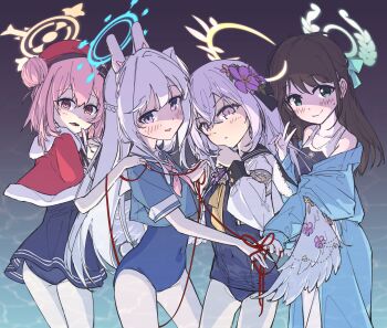 4girls absurdres airi_(blue_archive) angel_wings animal_ears asyfso azusa_(blue_archive) black_one-piece_swimsuit blue_archive blue_halo blue_one-piece_swimsuit blush brown_hair capelet covered_navel fake_animal_ears feathered_wings flower green_eyes hair_bun hair_flower hair_ornament halo hat highres long_hair looking_at_viewer miyako_(blue_archive) multiple_girls neckerchief one-piece_swimsuit pink_eyes pink_hair pink_neckerchief purple_eyes purple_flower rabbit_ears sailor_collar school_swimsuit serina_(blue_archive) short_hair smile string string_of_fate swimsuit swimsuit_under_clothes white_hair white_sailor_collar white_wings wings yellow_halo yellow_neckerchief