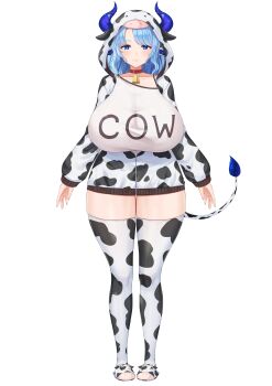 1girl absurdres animal_collar animal_ears animal_print animal_slippers arms_at_sides bell blue_eyes blue_hair blue_pupils blush breasts bright_pupils closed_mouth clothes_writing collar collarbone cow_ears cow_girl cow_horns cow_print cow_print_jacket cow_print_thighhighs cow_tail cowbell cream_cod dot_nose full_body highres horn_ornament horns huge_breasts indie_virtual_youtuber jacket lips long_sleeves looking_at_viewer miilkywayz mole mole_under_eye mole_under_mouth official_art parted_bangs partially_unzipped print_jacket print_thighhighs purple_horns shirt sidelocks slippers solo standing star-shaped_pupils star_(symbol) straight-on symbol-shaped_pupils tachi-e tail tareme taut_clothes taut_shirt thighhighs transparent_background virtual_youtuber white_shirt wide_hips zipper zipper_pull_tab