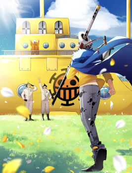 4boys arm_at_side arm_up bear_boy bepo_(one_piece) blue_sky cloud day from_behind grey_pants hamu_ha_umai hand_on_own_hip happy hat highres holding holding_sword holding_weapon jumpsuit light_particles male_focus midriff_peek multiple_boys one_piece open_mouth outdoors pants penguin_(one_piece) petals print_pants shachi_(one_piece) shirt sky submarine sword trafalgar_law walking watercraft waving weapon white_hat white_jumpsuit yellow_shirt