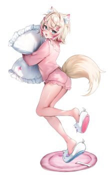 1girl :d absurdres animal_ear_fluff animal_ears animal_slippers arm_up ass bandaid bandaid_hair_ornament blonde_hair blush breasts commentary dog_ears dog_girl dog_tail fang feet frilled_shorts frills from_side full_body hair_intakes hair_ornament highres holding holding_pillow hololive hololive_english hugging_object leg_up long_sleeves looking_at_viewer maru_ccy mococo_abyssgard multicolored_hair nail_polish open_mouth pajamas perroccino_(fuwamoco) pillow pink_eyes pink_pajamas pink_shorts pink_streaks short_hair shorts simple_background skin_fang slippers smile soles solo standing standing_on_one_leg streaked_hair symbol-only_commentary tail two_side_up white_background x_hair_ornament