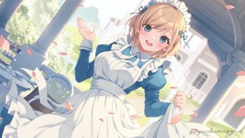 1girl :d apron apron_hold blue_dress blue_eyes blurry blurry_background blush breasts brown_hair building chair character_request commentary_request day depth_of_field dress frilled_apron frills hair_ornament hairclip juliet_sleeves long_sleeves looking_at_viewer maid maid_apron maid_headdress medium_breasts monster_company open_mouth petals puffy_sleeves smile solo table teeth twitter_username upper_teeth_only white_apron window yoshino_ryou