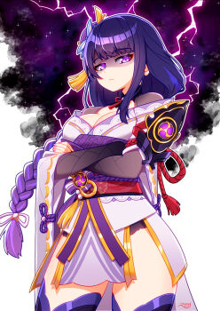 1girl angry armor artist_name blunt_bangs braid breasts bridal_gauntlets cleavage closed_mouth commentary crossed_arms danyfoo electricity electro_symbol_(genshin_impact) english_commentary fan_hair_ornament genshin_impact glowing hair_ornament hair_ribbon japanese_clothes kimono large_breasts lingerie long_braid looking_at_viewer looking_down looking_to_the_side mole mole_under_eye multicolored_hair neck_ribbon off_shoulder purple_eyes purple_hair purple_kimono purple_thighhighs raiden_shogun red_ribbon red_sash ribbon sash shade shaded_face shoulder_armor single_braid solo space standing star_(sky) streaked_hair thighhighs underwear white_background
