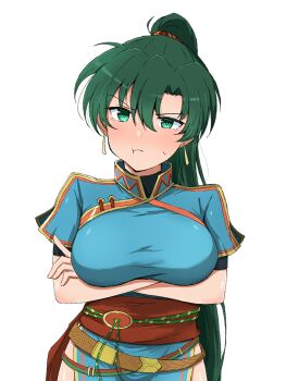 blue_dress blush breasts crossed_arms dress earrings fire_emblem fire_emblem:_the_blazing_blade green_eyes green_hair high_ponytail highres jewelry looking_at_viewer lyn_(fire_emblem) nintendo ponytail pout simple_background vankin white_background