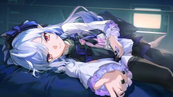 1girl absurdres ascot black_nails black_pantyhose bow bowtie breast_curtains breasts center_frills closed_mouth commentary_request cowboy_shot drill_hair frills gem hairband highres indoors long_hair looking_at_viewer lying medium_breasts mole mole_under_eye offering_hand on_bed on_side pantyhose patterned_legwear pink_ascot pink_gemstone pointy_ears purple_bow purple_bowtie purple_hair purple_hairband red_eyes screen shrug_(clothing) sideboob_cutout sideways smile solo television tsubasa19900920 vivian_banshee white_shrug zenless_zone_zero