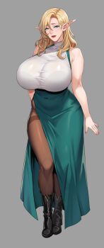 1girl absurdres aqua_eyes bare_shoulders black_footwear black_pantyhose blonde_hair blue_eyes boots bra bra_visible_through_clothes bralines breasts brown_pantyhose covered_collarbone covered_navel curvy dress elf full_body green_dress green_skirt grey_background gxtsjs hair_between_eyes high-waist_skirt highres huge_breasts lips lipstick long_hair long_pointy_ears long_skirt looking_at_viewer makeup mature_female mole mole_under_eye mole_under_mouth pantyhose pointy_ears red_lips see-through_clothes shirt side_slit simple_background skirt sleeveless sleeveless_shirt smile solo standing taut_clothes thighband_pantyhose thighs turtleneck underwear white_shirt