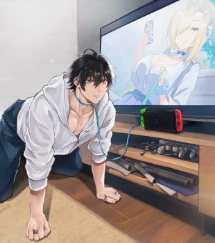 1boy 1girl ahoge all_fours asuna_(blue_archive) asuna_(school_uniform)_(blue_archive) black_hair blonde_hair blue_archive blue_choker blue_pants blue_ribbon blue_skirt breasts button_gap cabinet carpet cellphone choker cleavage closed_mouth collared_shirt commentary_request controller crossover curtained_hair dress_shirt femdom flat_screen_tv fourth_wall game_controller green_eyes gyaru hair_between_eyes hair_over_one_eye hair_ribbon hands_on_floor hetero heterochromia highres holding holding_leash holding_phone hood hood_down hooded_jacket hypnosis hypnosis_mic indoors jacket jewelry kawo-ri kogal large_breasts leash masochism meta middle_ring mind_control mole mole_under_eye multiple_rings nintendo_switch one_eye_covered otaku pants partially_unbuttoned pectoral_cleavage pectorals pet_play phone photo-referenced pleated_skirt red_eyes ribbon ring school_uniform scrunchie shirt shirt_tucked_in skirt sleeves_rolled_up smartphone smile sparkle television three-quarter_sleeves thumb_ring v-shaped_eyebrows white_jacket white_shirt wooden_floor wrist_scrunchie yamada_ichiro zipper