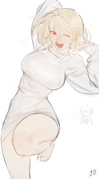 1girl absurdres arcueid_brunestud arm_behind_head blonde_hair breasts cowboy_shot heart highres large_breasts leodot no_pants red_eyes short_hair simple_background solo_focus sweater tohno_shiki tsukihime white_background white_sweater