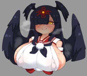 1girl areola_slip bare_shoulders basukechi black_hair black_wings blush bombergirl breasts covered_erect_nipples detached_sleeves hair_ornament hair_over_one_eye head_wings hiiro_(bombergirl) huge_breasts oversized_wings nontraditional_miko red_sailor_collar sailor_collar shirt sideboob simple_background smile solo steam sweat white_shirt wings yellow_eyes