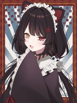 1girl :3 :d absurdres animal_ears arm_up belt_collar black_collar brown_kimono checkered_background collar commentary_request dog_ears dog_girl eyelashes fangs flower hair_flower hair_ornament heterochromia highres inui_toko japanese_clothes kimono lace-trimmed_sleeves lace_trim light_blush long_hair long_sleeves low_twintails maid maid_headdress nijisanji open_mouth red_eyes red_flower red_ribbon ribbon sleeves_past_fingers sleeves_past_wrists smile solo sunburst swept_bangs twintails upper_body virtual_youtuber wa_maid wanko_(yurika0320) white_headdress wide_sleeves yellow_eyes