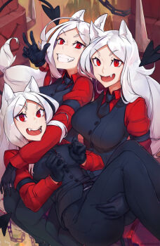 3girls :d ahoge animal_ears arm_garter ass black_gloves black_pants breasts cerberus cerberus_(helltaker) chain collared_shirt commentary demon_girl demon_tail dog_ears dog_girl fang fangs gloves grin hand_up hell helltaker large_breasts long_hair long_sleeves looking_at_viewer looking_up lying multiple_girls necktie on_back on_lap open_mouth pants parted_bangs red_eyes red_shirt sharp_teeth shirt sitting smile tail tail_raised teeth triplets unsomnus v-shaped_eyebrows w white_hair