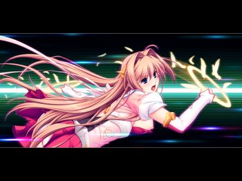 Rule 34 | 1girl, angel tear, blue eyes, breasts, brown hair, detached sleeves, elbow gloves, feathers, game cg, gloves, hair intakes, large breasts, letterboxed, long hair, magic, magical girl, maishima yuri, nerawareta megami tenshi angel tear, nipple slip, nipples, non-web source, official art, open mouth, panties, self-datamine, skirt, solo, torn clothes, tsukumo kazuita, underwear, variant set, very long hair, white panties