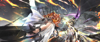 2girls absurdres augusta_(wuthering_waves) black_dress black_hair black_shoes clash commentary_request debris dress faceoff female_rover_(wuthering_waves) flaming_eye hanasawa_(hanasawa062) headgear high_heels highres holding holding_scythe holding_sword holding_weapon long_hair multiple_girls orange_hair purple_wings rover_(wuthering_waves) scythe shoes single_wing sword weapon white_dress wings wuthering_waves