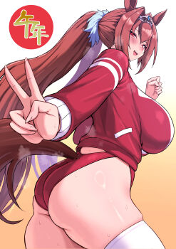 1girl absurdres animal_ears ariso_kaoru ass breasts commentary_request daiwa_scarlet_(umamusume) gradient_background highres horse_ears horse_girl horse_tail jacket large_breasts long_sleeves looking_at_viewer open_mouth orange_background panties red_eyes red_hair red_jacket red_panties smile solo tail thighhighs tiara tracen_training_uniform track_jacket twintails umamusume underwear v white_thighhighs