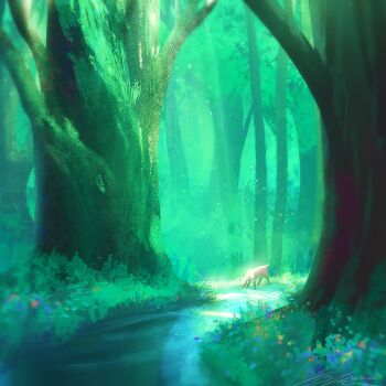 artist_name bush dappled_sunlight deer flower forest green_theme landscape light_particles nature no_humans original painterly path road scenery signature sunlight zandra