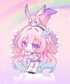 Rule 34 | 1girl, alternate costume, black hairband, blue hair, chibi, commentary, cyrene (honkai: star rail), cyrene (ripples of past reverie) (honkai: star rail), diamond-shaped pupils, diamond (shape), envelope, flower, full body, gradient hair, h ae rang, hair flower, hair ornament, hairband, hands up, highres, holding, holding envelope, honkai: star rail, honkai (series), long hair, long sleeves, looking at viewer, mem (honkai: star rail), multicolored hair, pink hair, purple eyes, purple flower, purple skirt, rainbow, shirt, skirt, standing, star-shaped pupils, star (symbol), symbol-shaped pupils, very long hair, white shirt