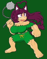 Rule 34 | ahoge, animal ears, ball and chain (weapon), barefoot, cat ears, fang, green background, green pants, green shirt, greenlows, heart, heart ahoge, indie virtual youtuber, pants, purple eyes, purple hair, rhydwings, shirt, tomba (cosplay), torn clothes, torn legwear, torn shirt, virtual youtuber