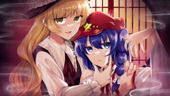 bare_shoulders blonde_hair bound breasts brown_vest newsboy_cap collared_shirt commentary_request detached_sleeves dolls_in_pseudo_paradise fedora fingernails flat_cap frilled_hat frilled_shirt_collar frilled_sleeves frills hair_ornament hand_on_another&#039;s_chin hand_on_another&#039;s_shoulder hat highres indoors jacket jacket_girl_(dipp) japanese_clothes katayama_kei label_girl_(dipp) long_hair long_sleeves looking_at_viewer mandarin_collar medium_breasts miko neck_ribbon open_mouth parted_lips puppet_strings purple_eyes purple_hair red_headwear red_ribbon ribbon round_window shirt side_ponytail star_(symbol) star_hair_ornament touhou very_long_hair vest wavy_hair white_shirt white_sleeves white_vest wide_sleeves window yellow_eyes