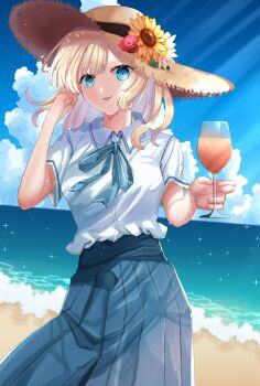 Rule 34 | 1girl, alternate costume, beach, blonde hair, blue eyes, blue ribbon, blue skirt, buttons, collared shirt, commentary request, cup, day, dinotodon, drink, drink request, drinking glass, flower, flower request, hand in own hair, hat, hat flower, highres, holding, holding cup, holding drink, light rays, long hair, maribel hearn, neck ribbon, open mouth, ribbon, rose, sand, shirt, short sleeves, skirt, solo, sun hat, sunflower, swept bangs, touhou, water, white shirt